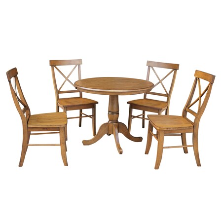 International Concepts Round 36 in Rd Top Pedestal Ext Table, 12 in Leaf And 4 X-Back RTA Chairs, Pecan, 36 in W, 48 in L K59-36RXT-C613-4